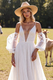 Detachable Spaghetti Straps A Line White Boho Wedding Dress With Lace