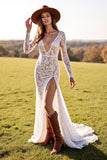 V Neck White Long Sleeve Lace Wedding Dress With Slit
