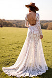 V Neck White Long Sleeve Lace Wedding Dress With Slit