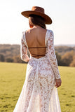 V Neck White Long Sleeve Lace Wedding Dress With Slit