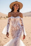 Corset Off The Shoulder Long Sleeves White Mermaid Wedding Dress