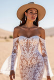 Corset Off The Shoulder Long Sleeves White Mermaid Wedding Dress