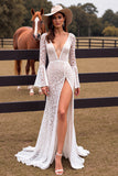 White Lace Long Sleeve V Neck Wedding Dress With Slit