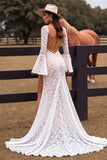 White Lace Long Sleeve V Neck Wedding Dress With Slit