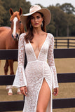 White Lace Long Sleeve V Neck Wedding Dress With Slit