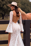 White Lace Long Sleeve V Neck Wedding Dress With Slit