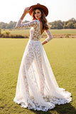 White A Line Lace Long Sleeve Wedding Dress With Slit