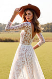 White A Line Lace Long Sleeve Wedding Dress With Slit