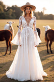 A Line Long Sleeves V Neck White Boho Wedding Dress