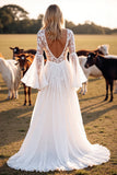 A Line Long Sleeves V Neck White Boho Wedding Dress