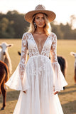 A Line Long Sleeves V Neck White Boho Wedding Dress