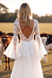 A Line Long Sleeves V Neck White Boho Wedding Dress