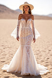 White Off The Shoulder Corset Lace Mermaid Boho Wedding Dress