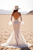 White Off The Shoulder Corset Lace Mermaid Boho Wedding Dress