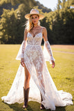 Spaghetti Straps Lace Detachable A Line White Wedding Dress With Slit