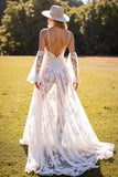 Spaghetti Straps Lace Detachable A Line White Wedding Dress With Slit