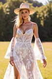 Spaghetti Straps Lace Detachable A Line White Wedding Dress With Slit