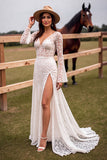 Long Sleeve V Neck A Line White Boho Wedding Dress With Slit