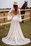 Long Sleeve V Neck A Line White Boho Wedding Dress With Slit