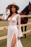 Long Sleeve V Neck A Line White Boho Wedding Dress With Slit