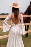 Long Sleeve V Neck A Line White Boho Wedding Dress With Slit