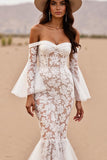 Lace White Off The Shoulder Mermaid Boho Wedding Dress
