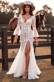 White Lace Long Sleeve Mermaid Boho Wedding Dress With Slit