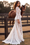 White Lace Long Sleeve Mermaid Boho Wedding Dress With Slit
