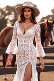 White Lace Long Sleeve Mermaid Boho Wedding Dress With Slit