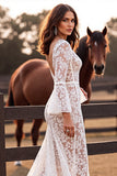 White Lace Long Sleeve Mermaid Boho Wedding Dress With Slit