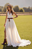 White A Line V Neck Long Wedding Dress With Slit