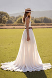 White A Line V Neck Long Wedding Dress With Slit