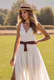 White A Line V Neck Long Wedding Dress With Slit