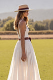 White A Line V Neck Long Wedding Dress With Slit