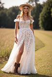 Off The Shoulder Corset Keyhole Lace White A Line Wedding Dress With Slit