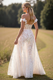 Off The Shoulder Corset Keyhole Lace White A Line Wedding Dress With Slit