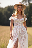 Off The Shoulder Corset Keyhole Lace White A Line Wedding Dress With Slit