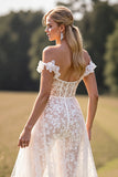 Off The Shoulder Corset Keyhole Lace White A Line Wedding Dress With Slit