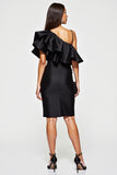Ruffled Satin Bodycon Black Cocktail Dress