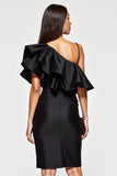 Ruffled Satin Bodycon Black Cocktail Dress