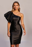 One Shoulder Satin Bodycon Black Cocktail Dress