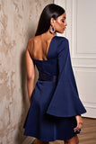 Navy One Shoulder Long Sleeves Cocktail Dress with Slit