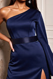 Navy One Shoulder Long Sleeves Cocktail Dress with Slit