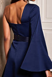 Navy One Shoulder Long Sleeves Cocktail Dress with Slit