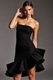 Black Strapless A Line Cocktail Dress with Ruffles