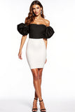 Black and White Bodycon Off the Shoulder Cocktail Dress with Puff Sleeves