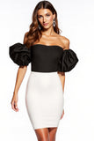 Black and White Bodycon Off the Shoulder Cocktail Dress with Puff Sleeves
