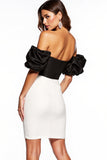 Black and White Bodycon Off the Shoulder Cocktail Dress with Puff Sleeves