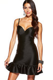 Satin Black Spaghetti Straps Short Cocktail Dress with Ruffles