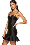 Satin Black Spaghetti Straps Short Cocktail Dress with Ruffles